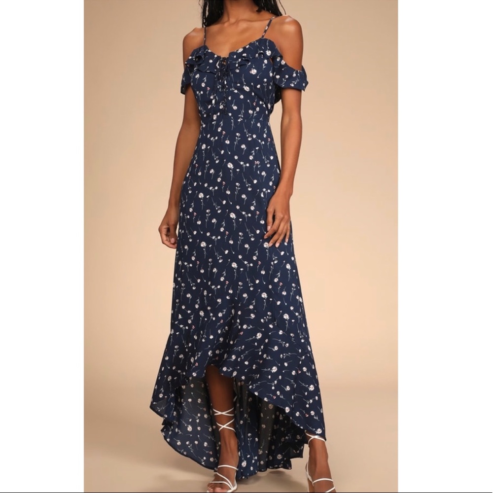 Darling for the Day Navy Blue Floral Off-the-Shoulder Maxi Dress